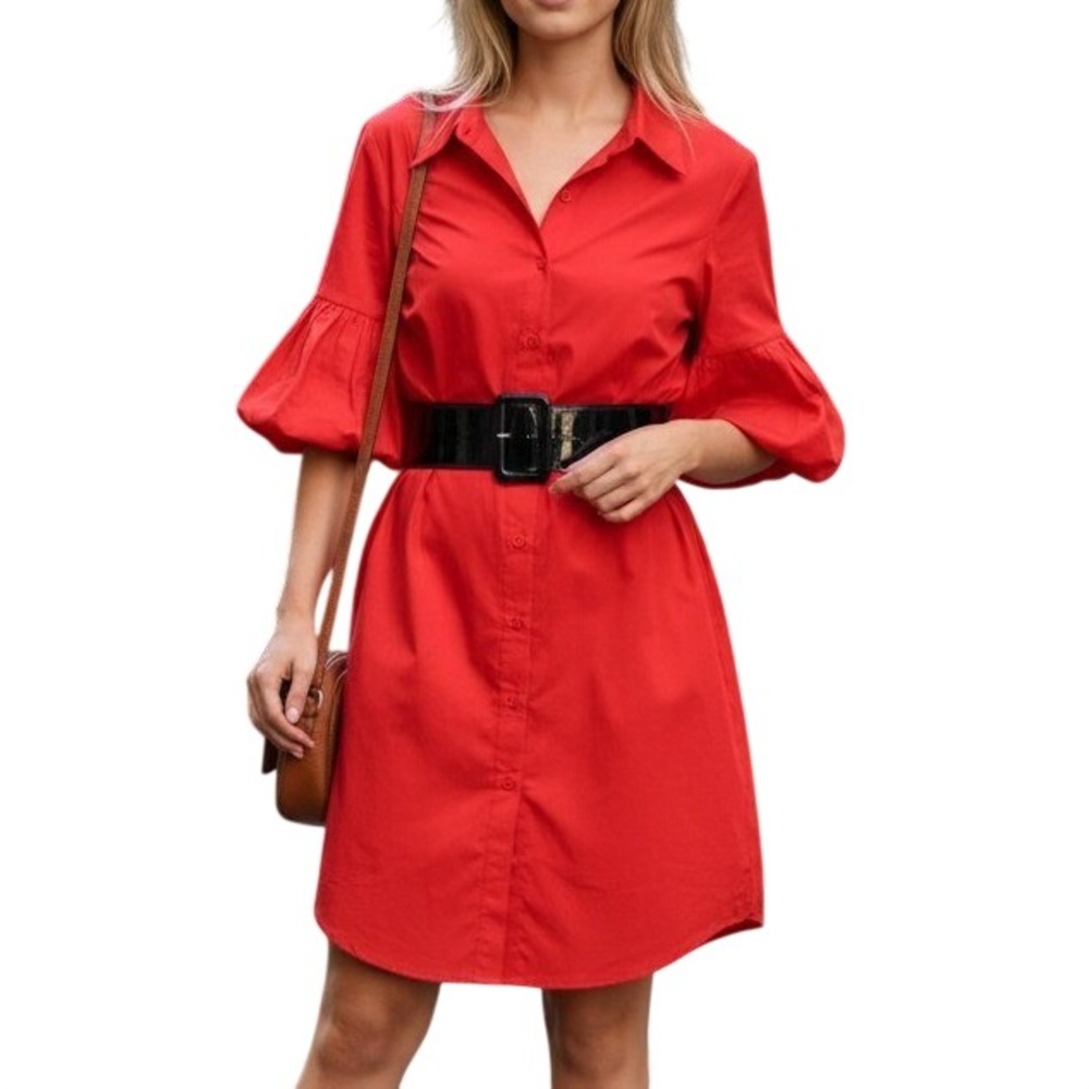 Shani Shirt Dress Women 8 Red Puff Sleeve Belted Button Front Knee Length Pocket